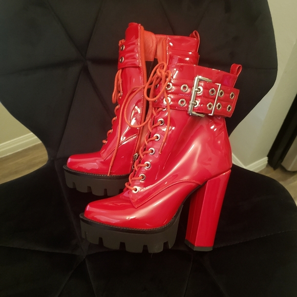 Women's Glossy Red Heeled Boots with Buckle Detail